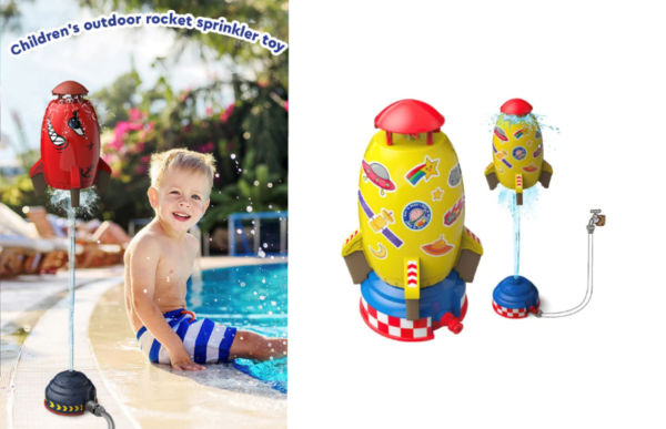 a grandson in a pool playing with the aqua blast rocket sprinkler