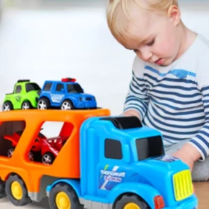 grandson playing with the cartoon sliding car toy