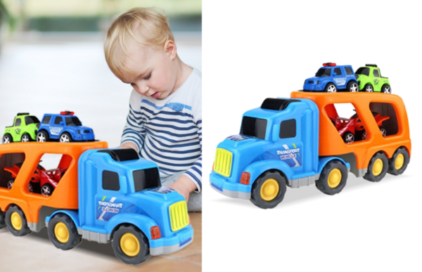 a grandson playing with the car sliding toy