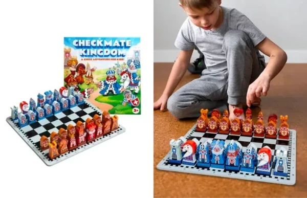 a grandson playing with the checkmate kingdom chess set