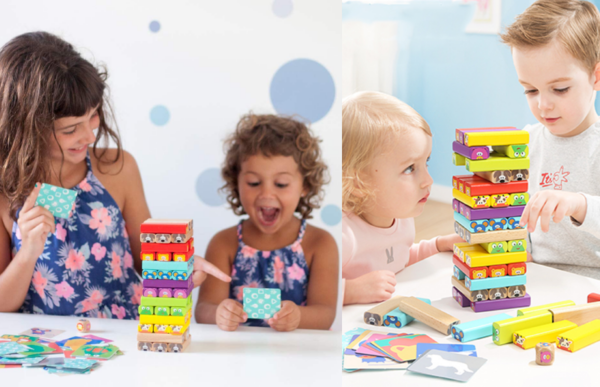 kids playing with the animal colored wooden blocks