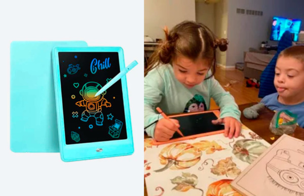 grandchildren playing with the colorful lcd drawing tablet