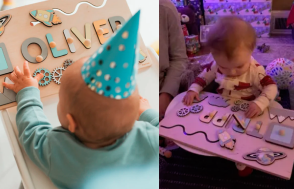 grandchildren using the custom name montessori wooden board