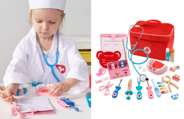 a granddaughter playing as a doctor with the doctor kit