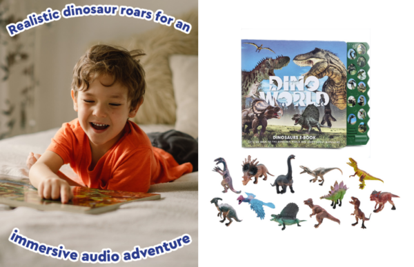 a grandson playing with the early learning dinosaur sound book