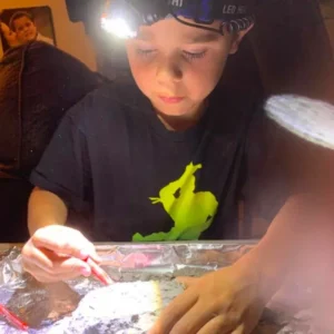 a young boy playing with the educational dinosaur excavation toy