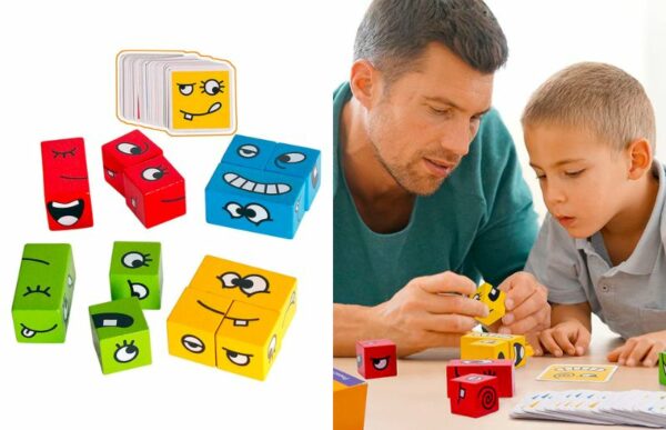 a father and son playing with the expression puzzle building blocks game