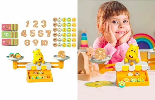 a young girl playing with the giraffe learning balancing scale