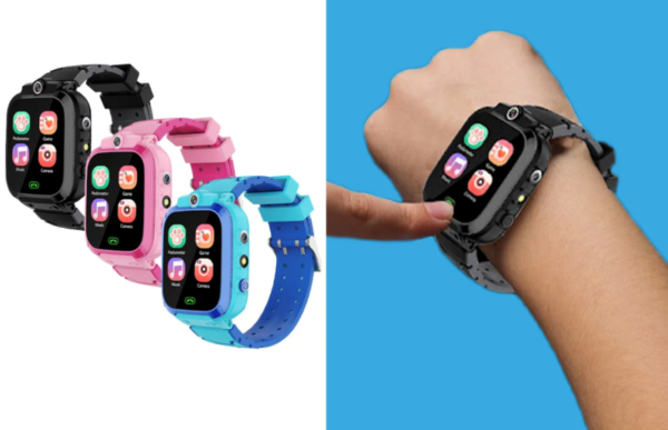 kids multi-purpose smartwatch in black, pink, and blue