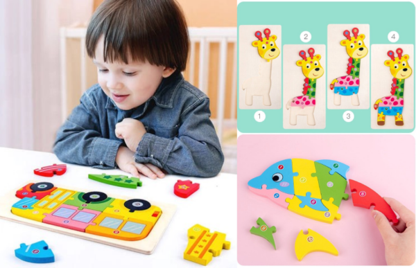 a grandson playing with the montessori 3d animal shaped puzzle