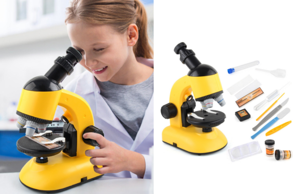 a young girl using the multifunction microscope kit