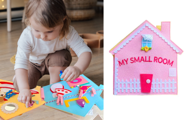 a granddaughter playing with the my small room quiet book