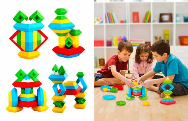 grandchildren playing with the pyramid stack building blocks