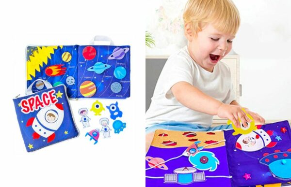 a grandson using the space puzzle quiet book