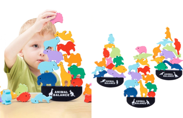 a young boy playing with the wooden animal balancing block game