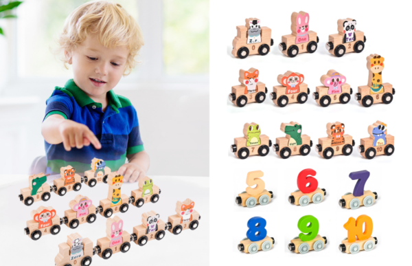 a grandson playing with the wooden animals numbers magnetic train set