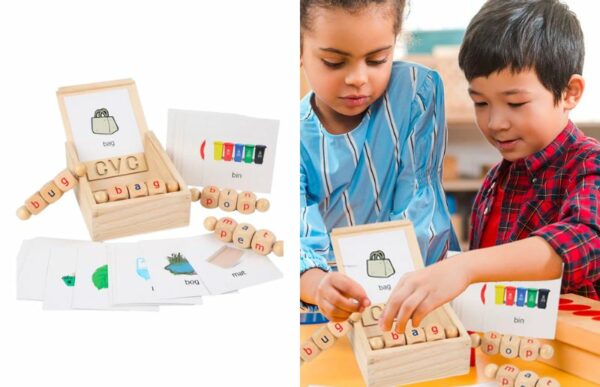 kids playing with the wooden rotation cvc block letters teaching toy