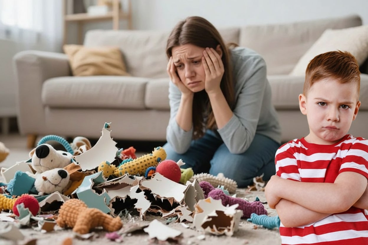 Frustrated parent and defiant child amid destroyed toys - the screen-time struggle many families face