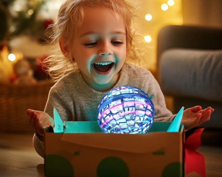 Happy kid playing with galaxy ball