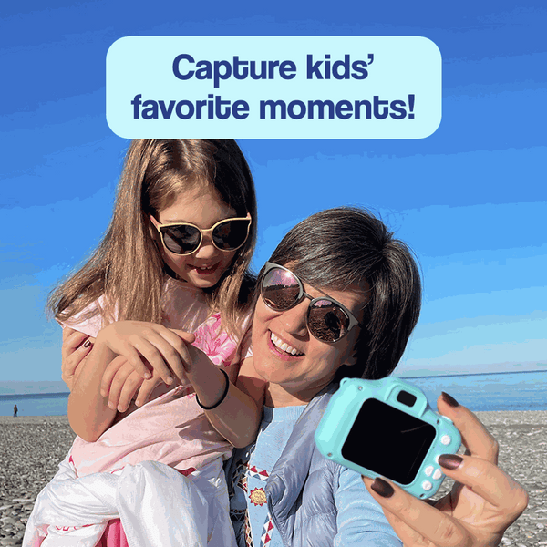 Adult and child using the LittleLens Kids Camera at the beach
