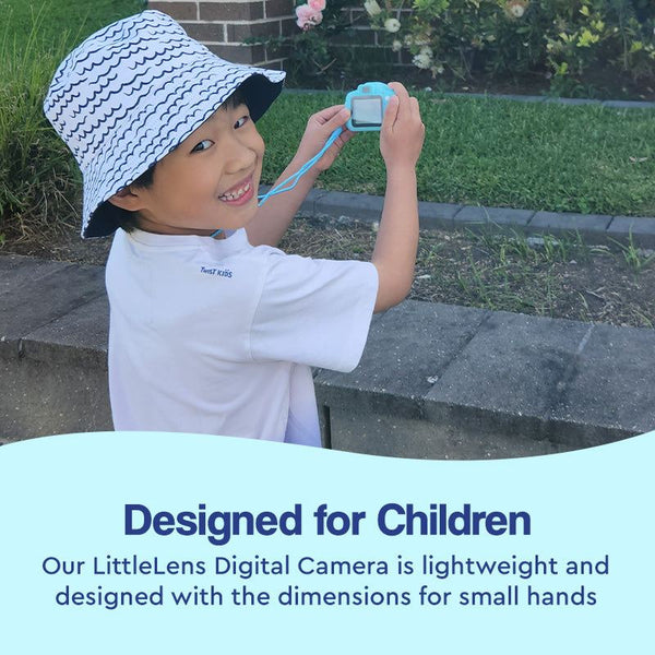Child with the LittleLens Kids Camera wearing a bucket hat