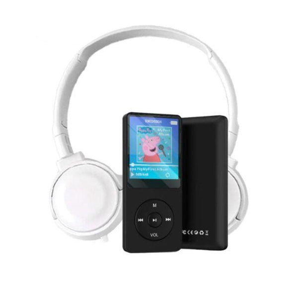 Black MP3 player with color screen and white over-ear headset