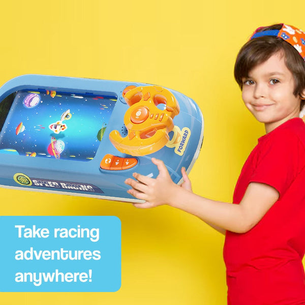 Child playing with the TurboRace handheld racing console