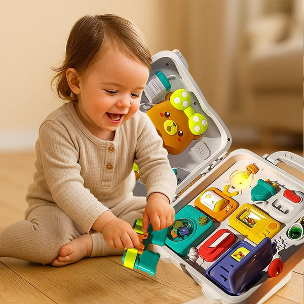 Toddler playing with the Busy Board Montessori toy