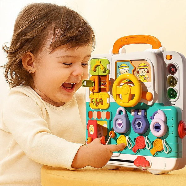 Toddler playing with the colorful Busy Board