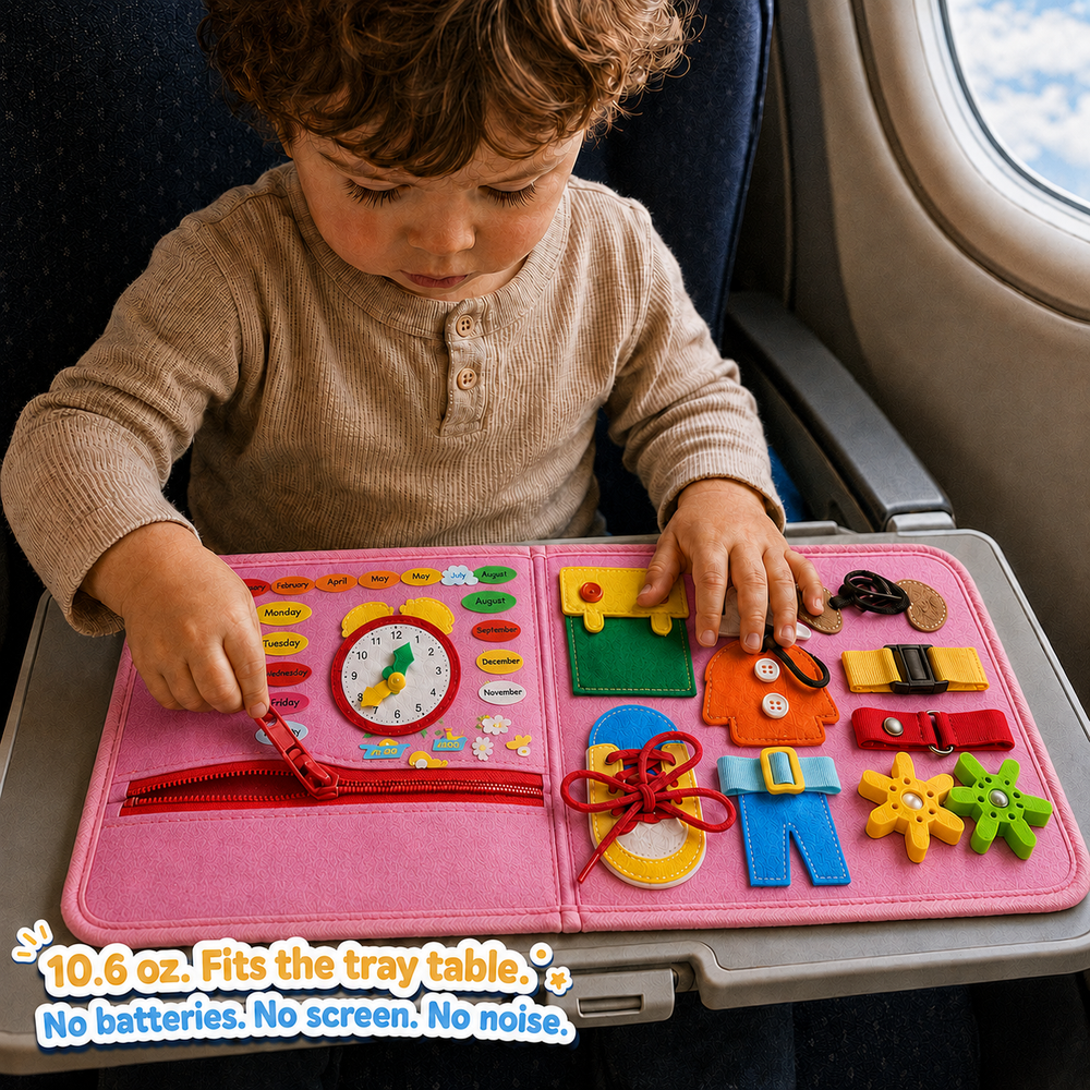 Toddler playing with the Busy Book soft handbag activity toy