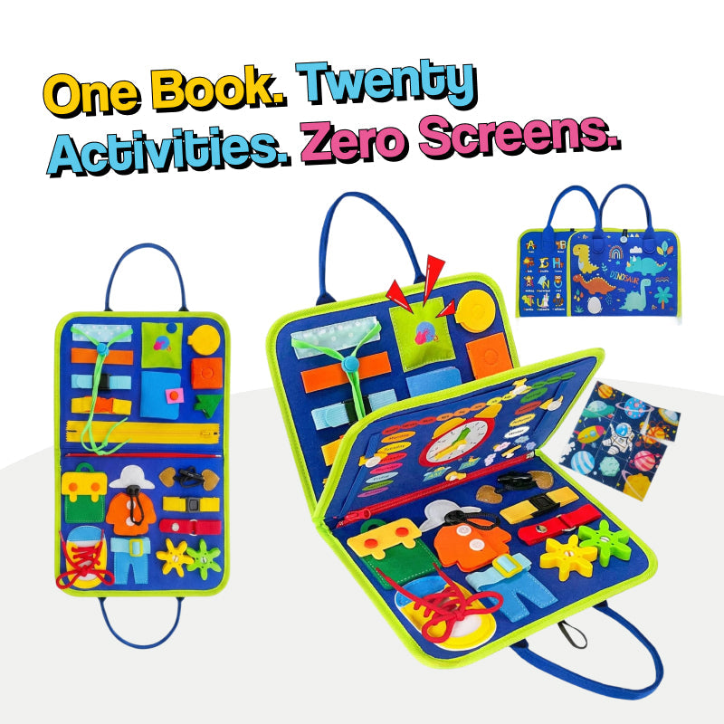 Toddler playing with the Busy Book zippers, buttons and buckles