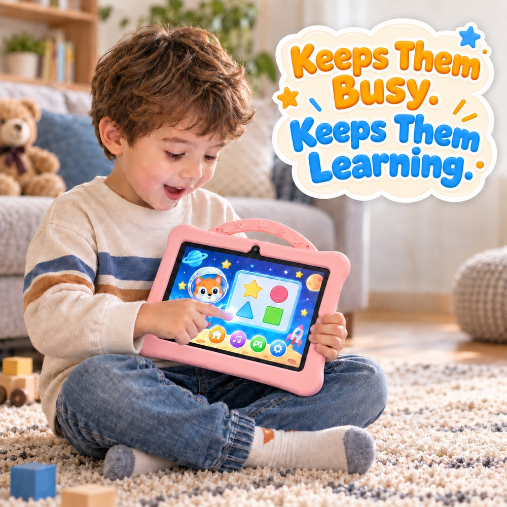 Toddler holding the shockproof learning tablet